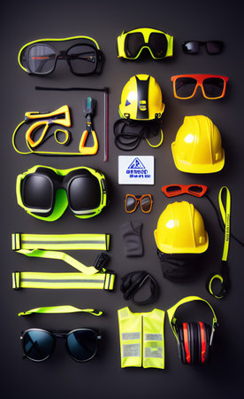 Set of construction safety equipment on black background. Top view. Flat lay.の写真素材