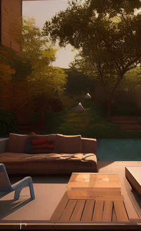 3D rendering of a modern living room with a view of the gardenの写真素材