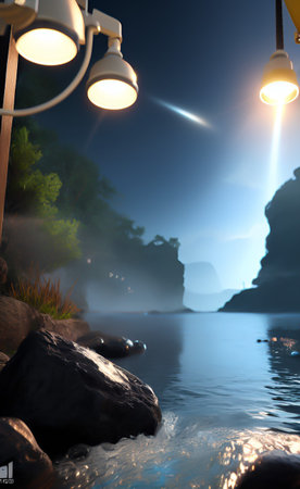 Night view of the lake in the mountains. 3D Rendering