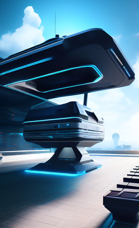 Futuristic cyber space ship in the blue sky. 3d renderingの写真素材