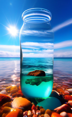 Glass jar with blue water on the background of the sea and sunsetの写真素材