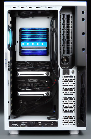 hardware in a datacenter server room with blue led lights