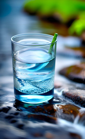 Alcoholic drink shot with ice and green leaf on the stone
