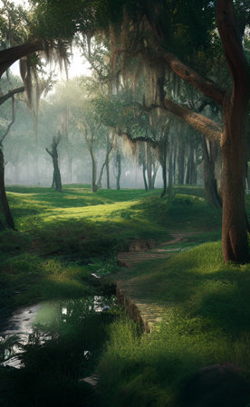 Misty morning in a forest with trees and small stream of waterの写真素材