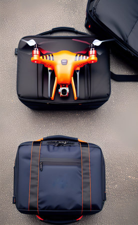 Drone with digital camera on a black leather bag. Top view.の写真素材