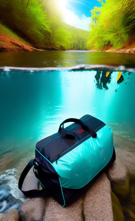 Travel bag on a rock in the river. 3d rendering.の写真素材