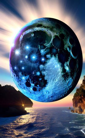 Fantastic planet of the solar system against the background of the seaの写真素材