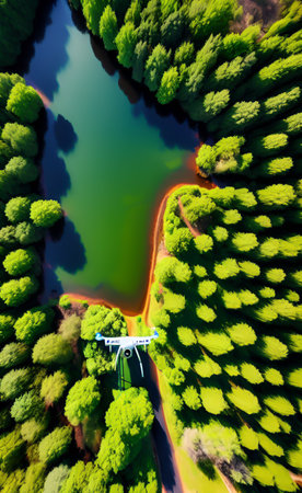 Aerial view of a drone flying over a lake with green forestの写真素材