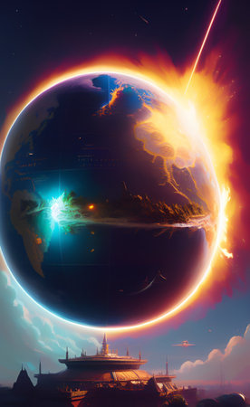 Earth planet with solar eclipse in the background. 3D illustration.の写真素材