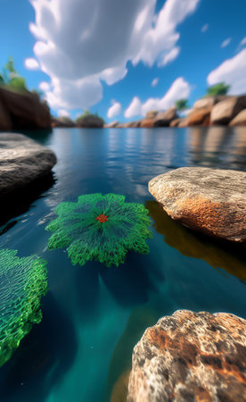3D illustration of a beautiful lake with a lot of green stonesの写真素材