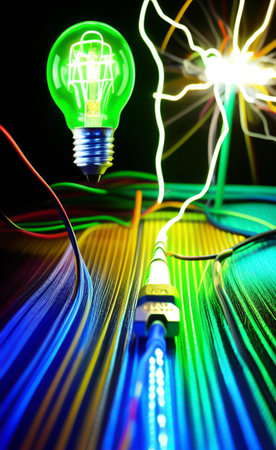 electric light bulb and cable close up on black background with copy space