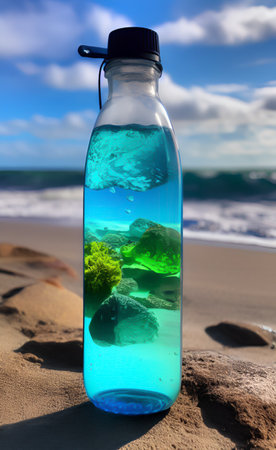 Bottle of water with algae on the beach in Hawaii, USAの写真素材