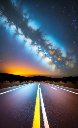 Night landscape with highway and starry sky. Long exposure shot.