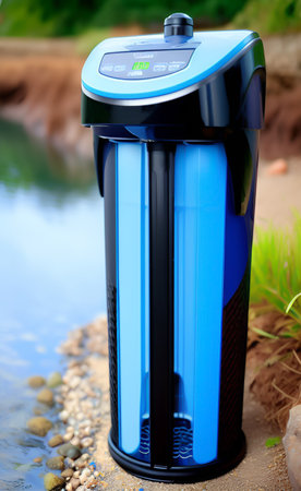 Blue thermos on the background of the river. Close-upの写真素材