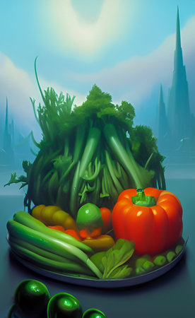Vegetables in the morning fog. 3D illustration. 3D rendering.の写真素材