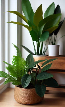 Beautiful houseplants in wicker pot on window sill indoorsの写真素材