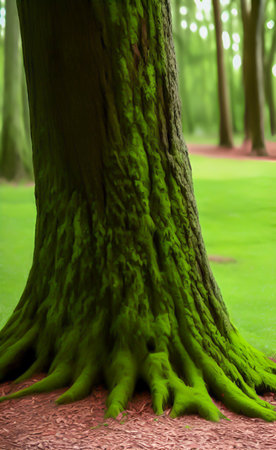 Beautiful tree trunk in the park with green grass and bokehの写真素材