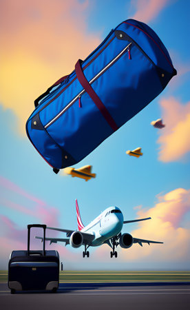 Airplane flying in the sky with luggage. 3D rendering.の写真素材