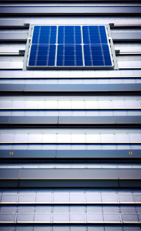 Solar panels on the facade of a modern office building. Renewable energy concept.の写真素材