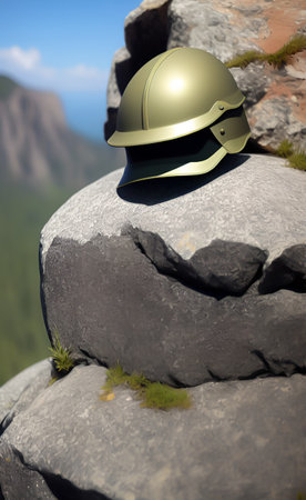 Military helmet on a rock in the mountains. 3D illustration.の写真素材