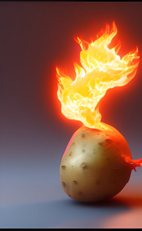 Potato burning in flames on a dark background. 3d illustrationの写真素材