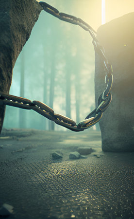 Chain in the foggy forest. Conceptual image. Toned.の写真素材