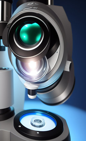 3d illustration of microscope over blue background with lens flare in itの写真素材