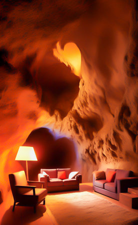 Interior of a room with a fireplace in the interior of a caveの写真素材