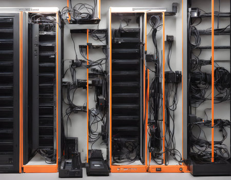 Network server room with rows of computer cables connected to each other.