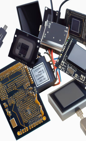 Electronic circuit board on white background. Close-up view.の写真素材