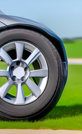 Closeup of car wheel on green grass field background with copy spaceの写真素材