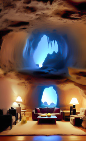 Interior of a hotel room with an ice cave and a blue lightの写真素材