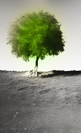 Green tree in the desert. Conceptual image. 3D renderingの写真素材