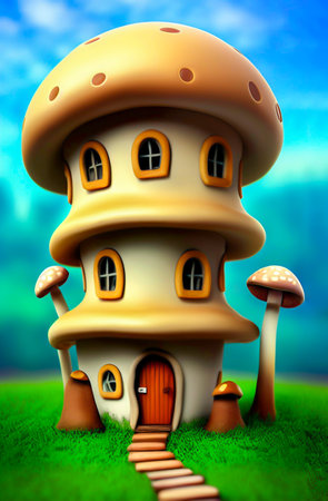 Mushroom house on green meadow. 3D illustration.の写真素材