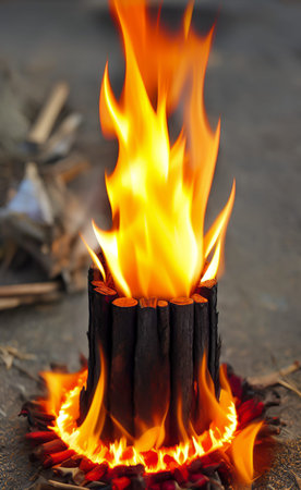 Burning firewood on a dark background, close-up.