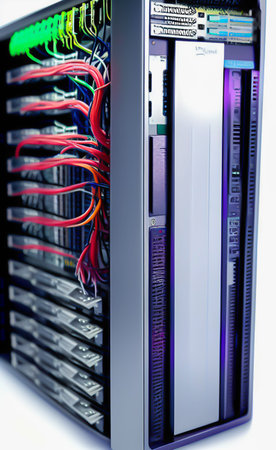server with hard drives in data center room. 3d illustration.
