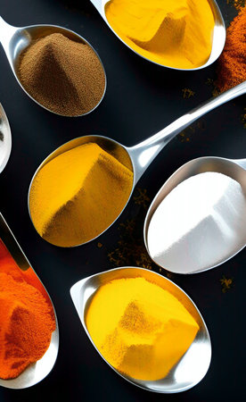 Spices in metal spoons on a black background. Top view.の写真素材