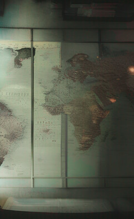 World map on the wall of a modern office building. Abstract backgroundの写真素材