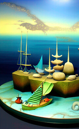 Fantasy island in the sea with sailboats and sailboats.の写真素材