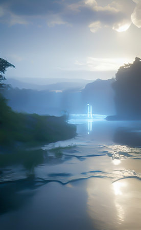 beautiful sunrise over the lake with reflection on the water surface.の写真素材