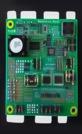 Electronic circuit board on black background. Close-up image.