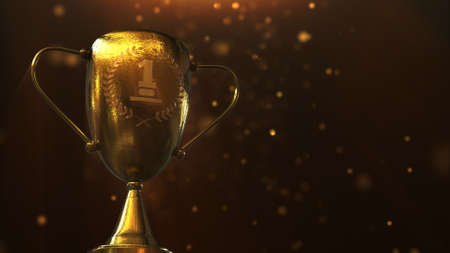 3D illustration Award, Trophy isolated on orange backgroundの写真素材