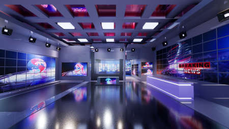 3D Virtual TV Studio News with green screen, 3d illustrationの写真素材