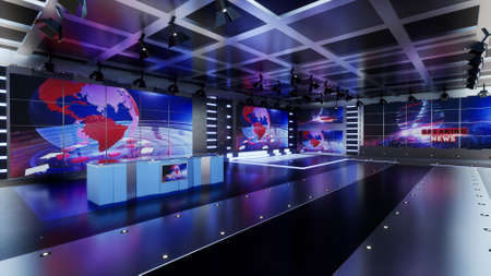 News Studio, Backdrop For TV Shows .TV On Wall.3D Virtual News Studio Background, 3d illustrationの写真素材