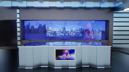 News Studio, Backdrop For TV Shows .TV On Wall.3D Virtual News Studio Background, 3d illustrationの写真素材
