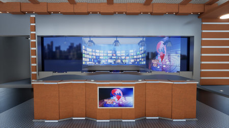 News Studio, Backdrop For TV Shows .TV On Wall.3D Virtual News Studio Background, 3d illustration