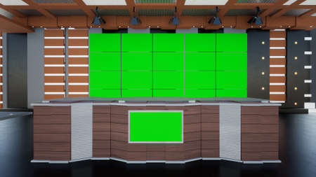 News Studio, Backdrop For TV Shows .TV On Wall.3D Virtual News Studio Background, 3d illustrationの写真素材