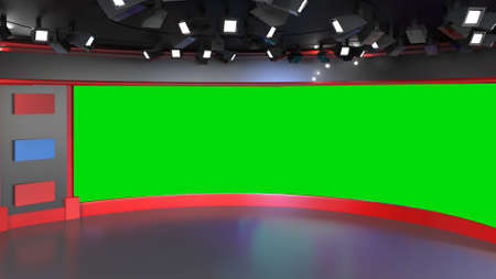 News Studio, Backdrop For TV Shows .TV On Wall.3D Virtual News Studio Background, 3d illustrationの写真素材