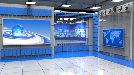 Backdrop For TV Shows .TV On Wall.3D Virtual News Studio Background, 3d illustrationの写真素材