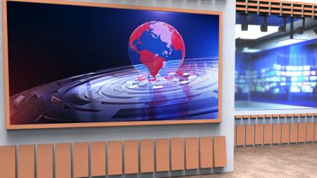 Backdrop For TV Shows .TV On Wall.3D Virtual News Studio Background, 3d illustrationの写真素材